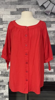 White Stag Womens  1X Red 3/4 Sleeve Blouse Gathered Poly Rayon Blend