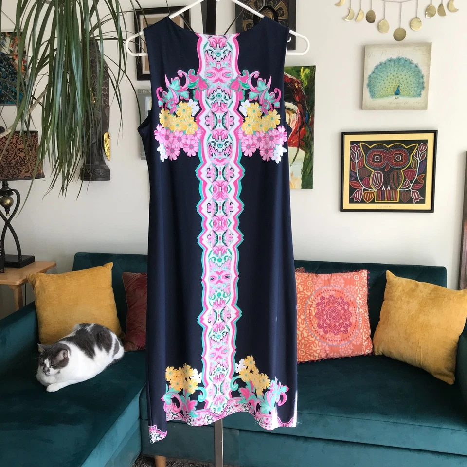 CHARTER CLUB size M Navy Blue Floral Tiki Totem Print Stretch Sheath Dress - Image 3 of 4