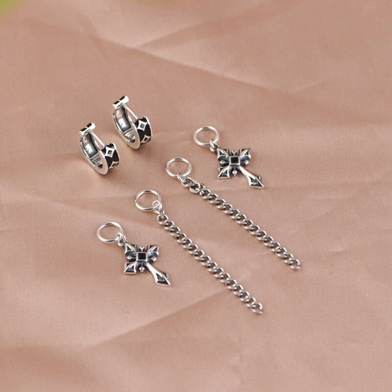 2-in-1 S925 Silver Gothic Cross Cuba Chain Dangle Tassel Earrings Detachable - Image 2 of 4