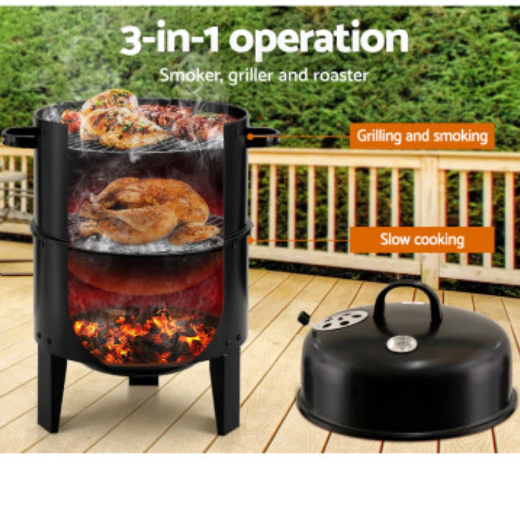 BBQ Smoker Portable Charcoal Outdoor Cooking Barbecue Meat Grill Roaster 3 In 1