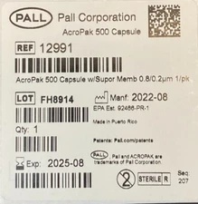 PALL CORPORATION 0.8/0.2µm PES AcroPak 500 Capsule 12991 EXP 2025-11