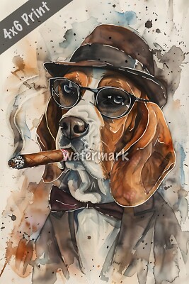 Gangster dog Beagle with a cigar and glasses watercolor Art 4x6 Print