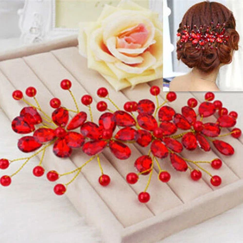 Wedding Bridal Hair Flexible Vine Clip Red Flower Accessory Women s Handmade