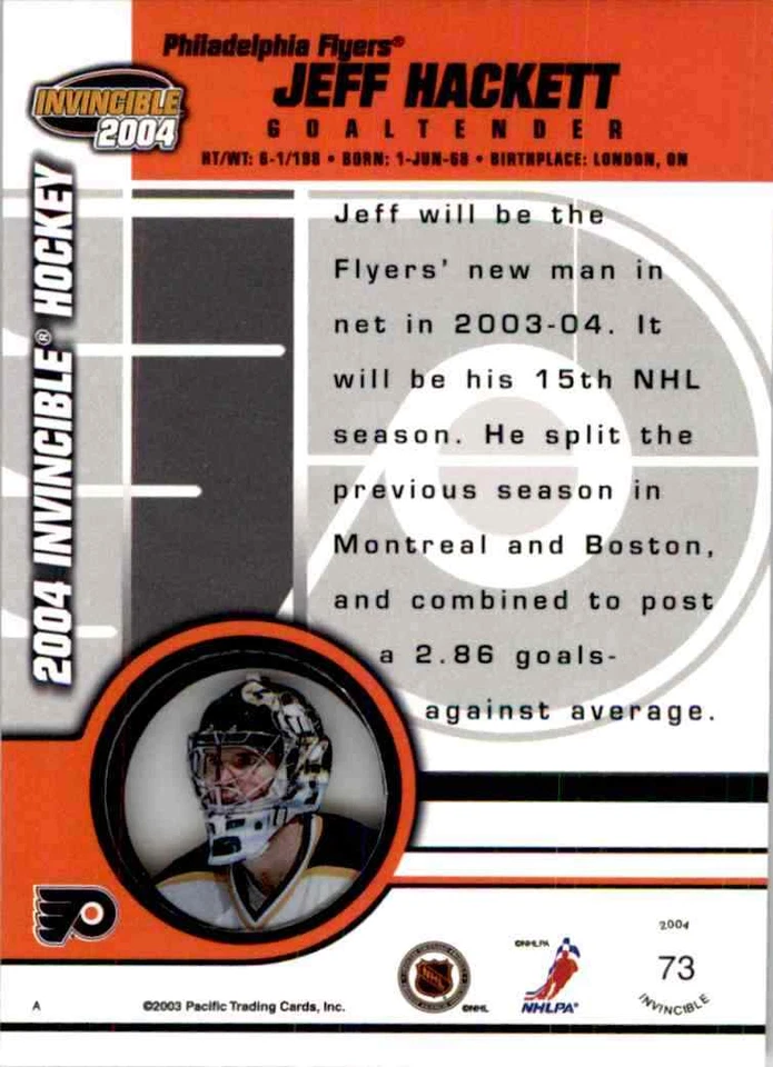 2003-04 Pacific Invincible Jeff Hackett #73 - Image 2 of 2