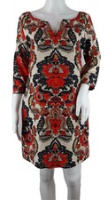 J.Crew Dress Linen Paisley Orange Khaki V Neck 3/4 Sleeve Lined Pockets Size 4