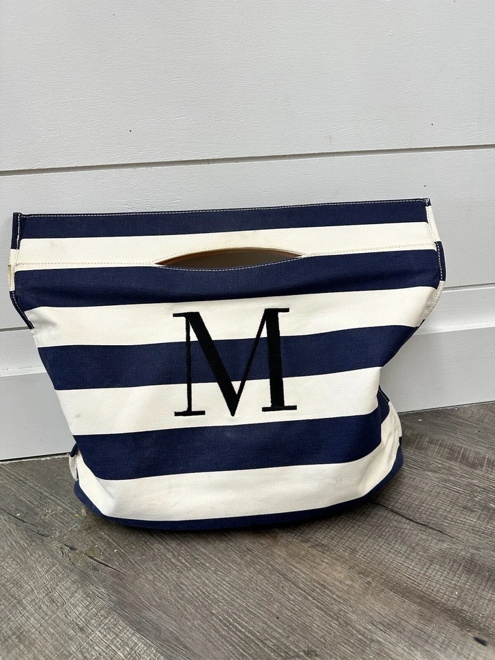 MARK & GRAHAM Blue & Cream Striped Monogram “M” Tote Bag Large Canvas