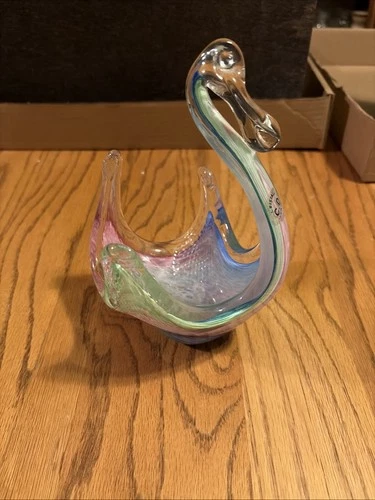 Vintage MURANO SWAN ~ Art Glass Bowl Mid Century Modern ~ Blue, Pink & Green