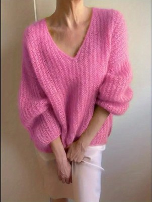 V-Neckline Mohair warm Elegant  Pink Pullover.Solid Color Suitable For Office .L