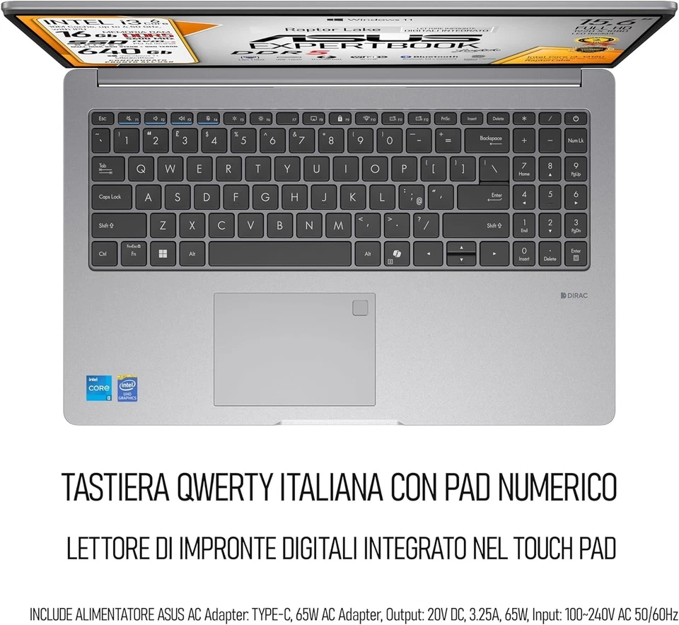 ASUS Expertbook PC Portatile Intel Core i3 1315U ram 16gb Nvme 640Gb windows 11 - Immagine 3 di 4