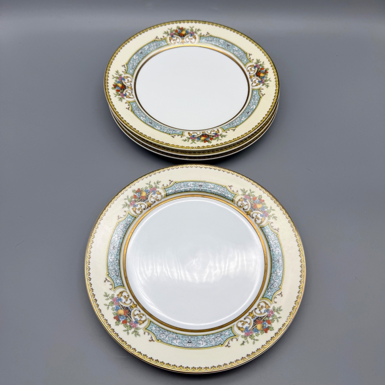 Lot 4 Noritake China Chine Blue Dinner Plates 8 5/8” Floral Gold Trim Scrollwork