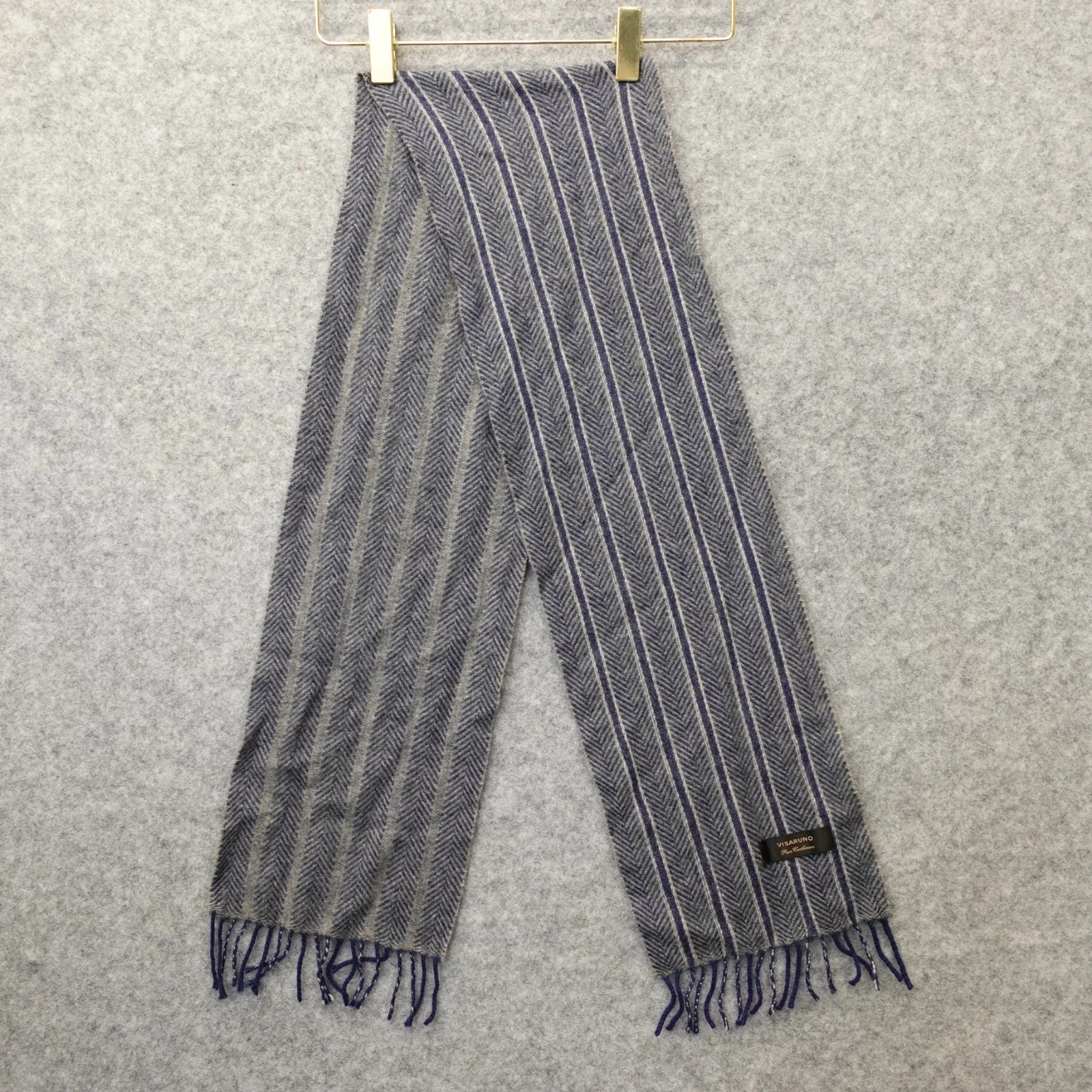 Cashmere Herringbone Stripe Scarf Mens VISARUNO Blue Winter Fringe Luxury 7x50