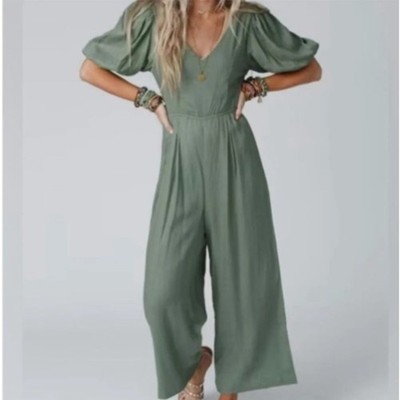 Aaron & Amber Jumpsuit S Linen Blend Sage Green Wide Leg Puff Sleeve NWT