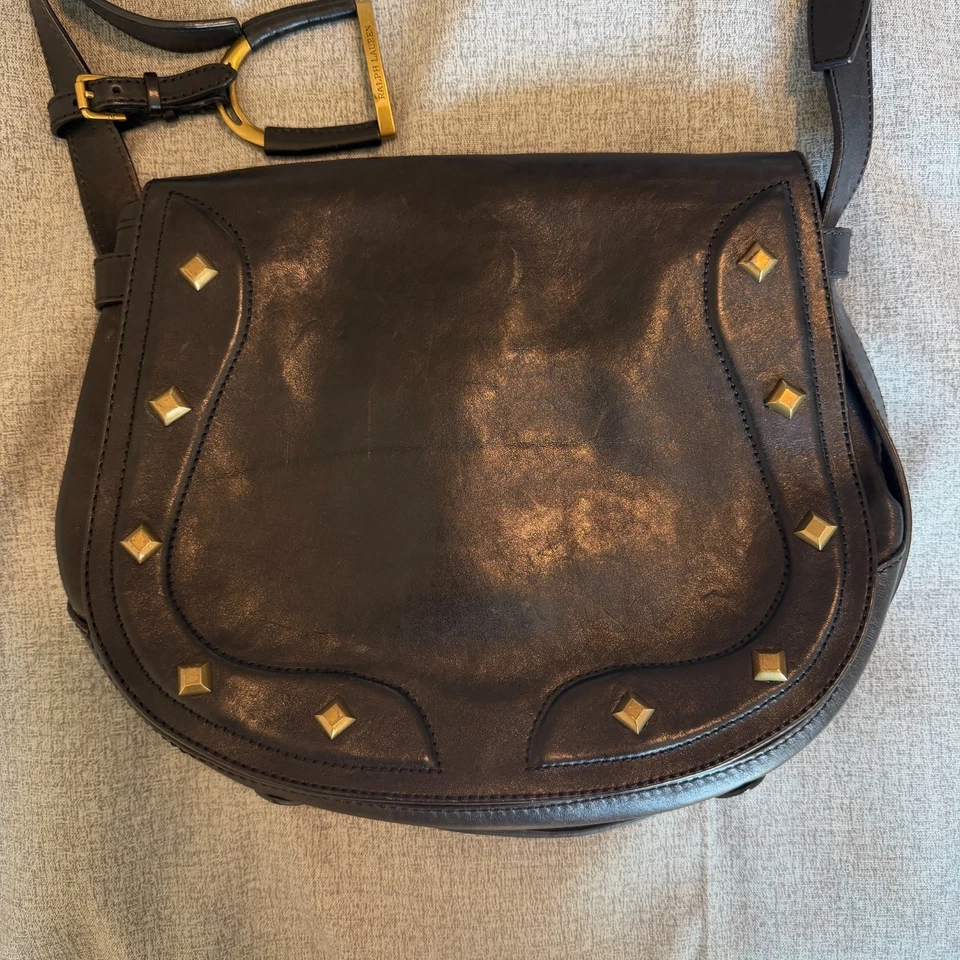 Ralph Lauren Studded Leather Crossbody Bag Purse Black Grunge Saddle Ladies - Image 2 of 4