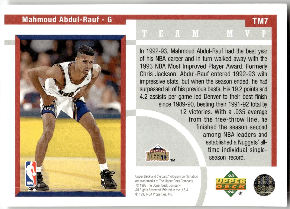 1993-94 Upper Deck #TM7 Mahmoud Abdul-Rauf Team MVP - Image 2 of 2