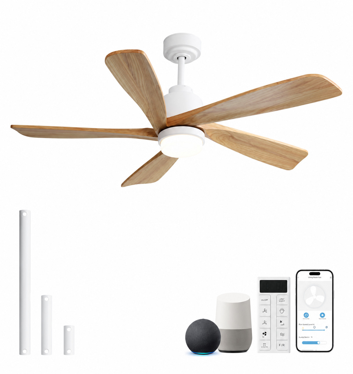 Large 52 in Ceiling Fan Indoor - Quiet DC Motor, Remote Control - Natural Wood