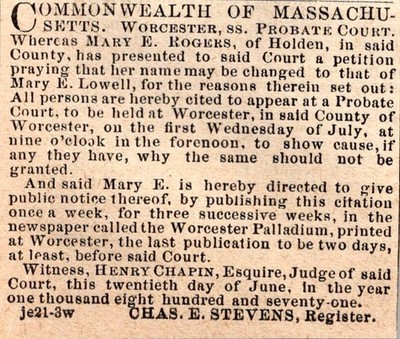 Commonwealth of Massachusetts Mary Rogers 1871 Worcester MA Clipping TAJ8-S58