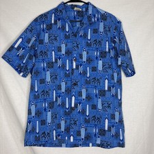 Vintage Royal Creations Surf Hawaiian Button Down Blue Shirt Sz L Made in USA