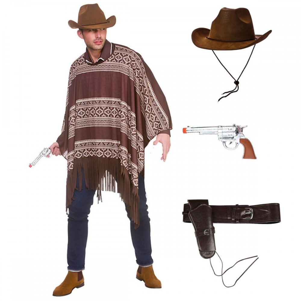 Adult Western Cowboy Poncho + Holster + Gun + Suede Hat Wild West Fancy Dress