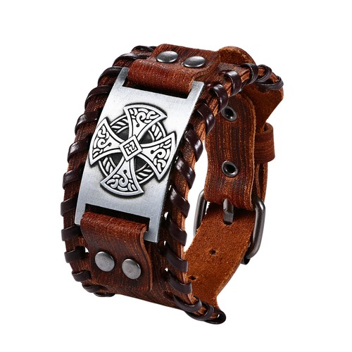 Mens Viking Norse Celtic Cross Bracelet Leather Cuff Wristband with Irish Amulet - Picture 9 of 10