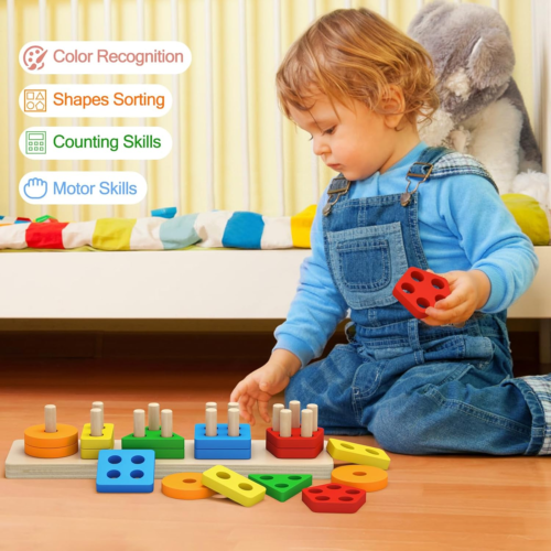 Montessori Wooden Sorting & Stacking Toy – Educational Puzzle for Toddlers 1-3, - Picture 5 of 7