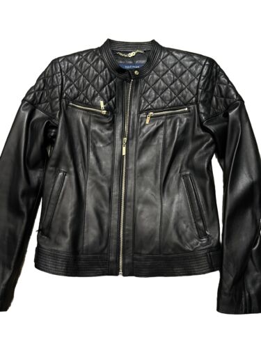 Cole Haan Womens Black Lambskin Leather Moto Jacket Small S - Picture 3 of 3