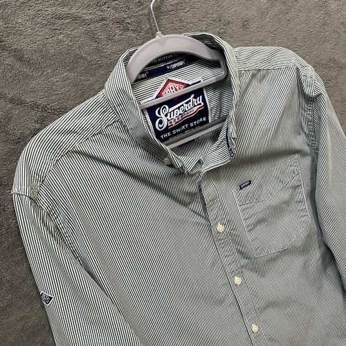 Superdry Long Sleeve Shirt London Button Down Size Large Mens Grey Stipe - Picture 2 of 11