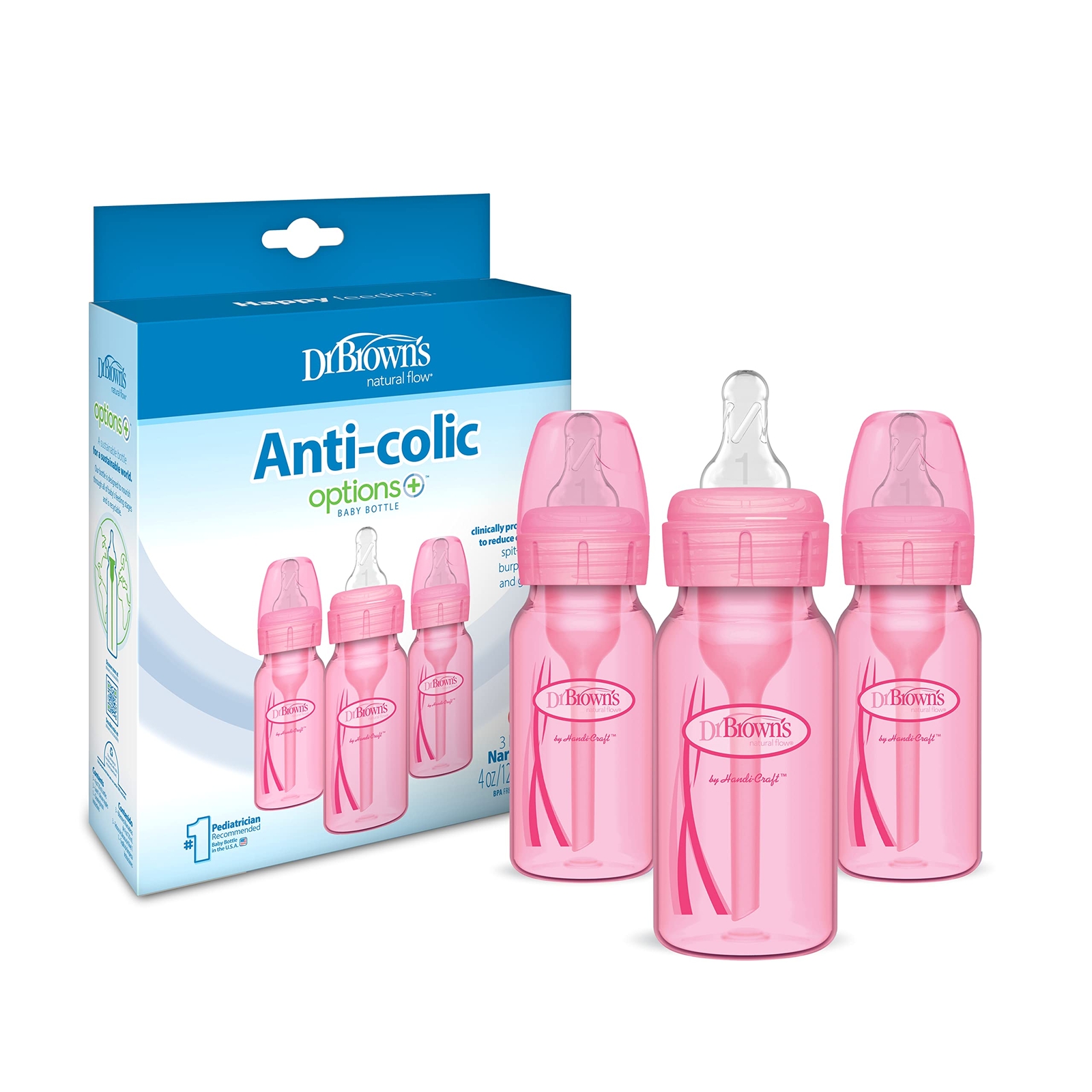 Dr Brown's Options Pink Baby Bottles 4 Ounce Pack of 3 BPA Free Colic Prevention