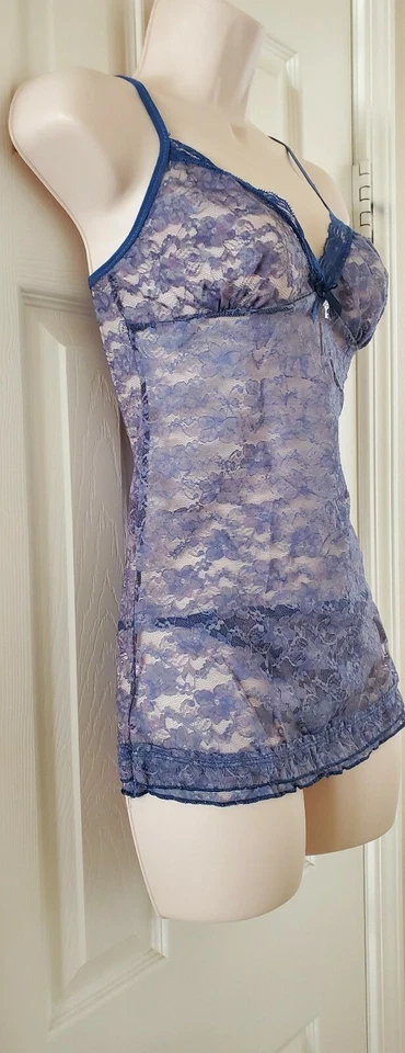 Conjunto de lingerie feminina íntima nova com etiquetas Native Intimates renda íntima 2 peças cami + tanga azul M - Imagem 3 de 4