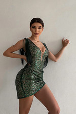 Green Luxe Vip Tassel Fringe Sequin & Beaded Embellished Illusion Slit Dress