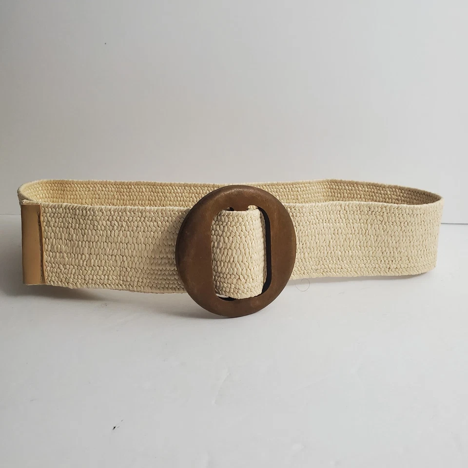 De Colección Boho Verano Yute Elastizado Cinturón Mujer Ovalado Madera Hebilla Marfil Talla 30 Foto 4 de 4