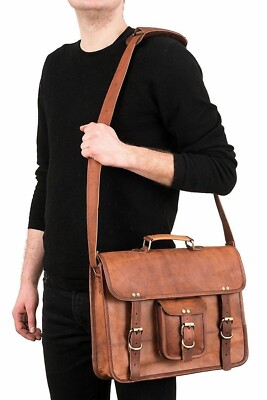 Men's Work Briefcase Shoulder Brown Genuine Bag Leather Messenger
