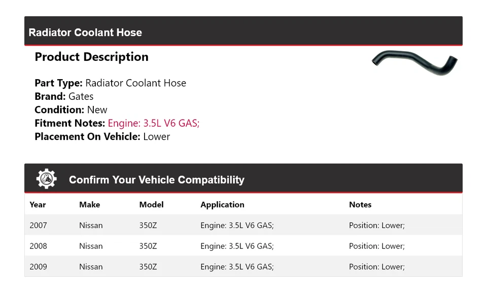 Manguera de refrigerante de radiador de gas V6 3,5 L para Nissan 350Z 2007-2009 puertas inferiores 2008 Foto 2 de 4