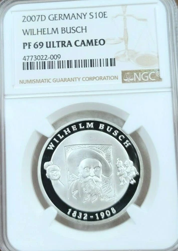2007 GERMANY SILVER 10 EURO WILHELM BUSCH NGC PF 69 ULTRA CAMEO SCARCE TOP POP