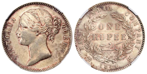 INDIA-BRITISH Victoria 1840-(B & C) AR Rupee NGC MS62 Bombay or Calcutta Prid-56