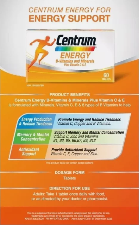 4 X 60's New Centrum Energy B-Vitamins and Minerals + Vitamin C & E - Image 4 of 4