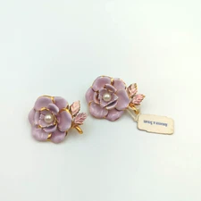 Vintage Abraham & Straus Set Of Two Flower Brooch Pin Purple Enamel Faux Pearl