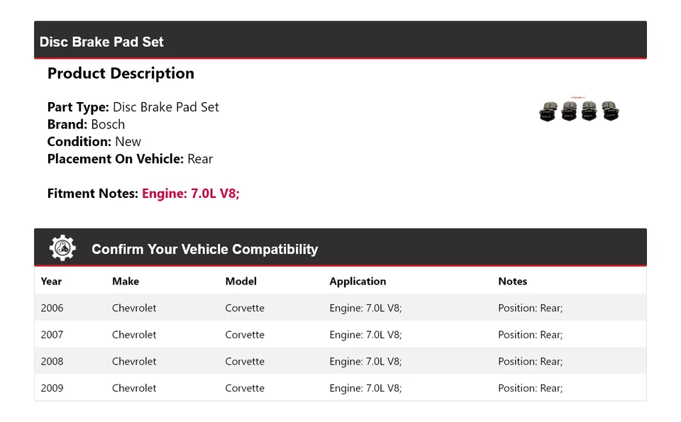 Pastillas de freno traseras de cerámica para Chevrolet Corvette 2006-2009 7,0 L V8 Bosch QuietCast Foto 2 de 4
