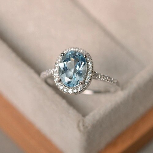 3.Ct Oval Cut Simulated Aquamarine Lovely Halo Wedding Ring 14K White Gold solid - Picture 3 of 6