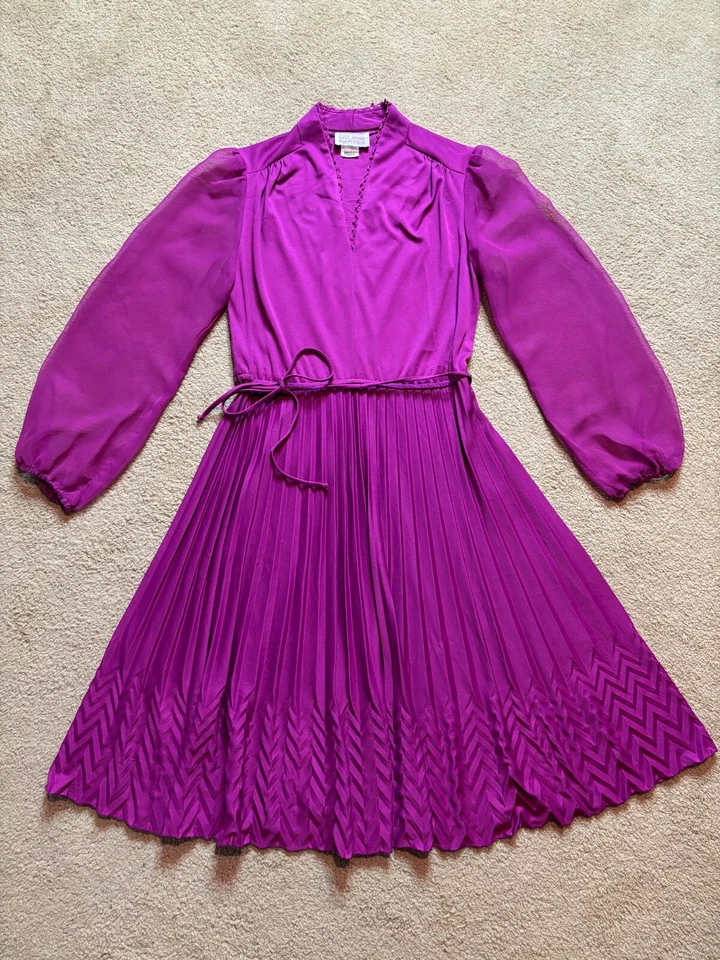 Vestido midi vintage años 70 EE. UU. Disco púrpura manga abullonada transparente cinturón línea A M Foto 3 de 4