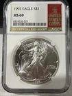 1992 SILVER EAGLE $1 NGC MS 69  1oz Silver