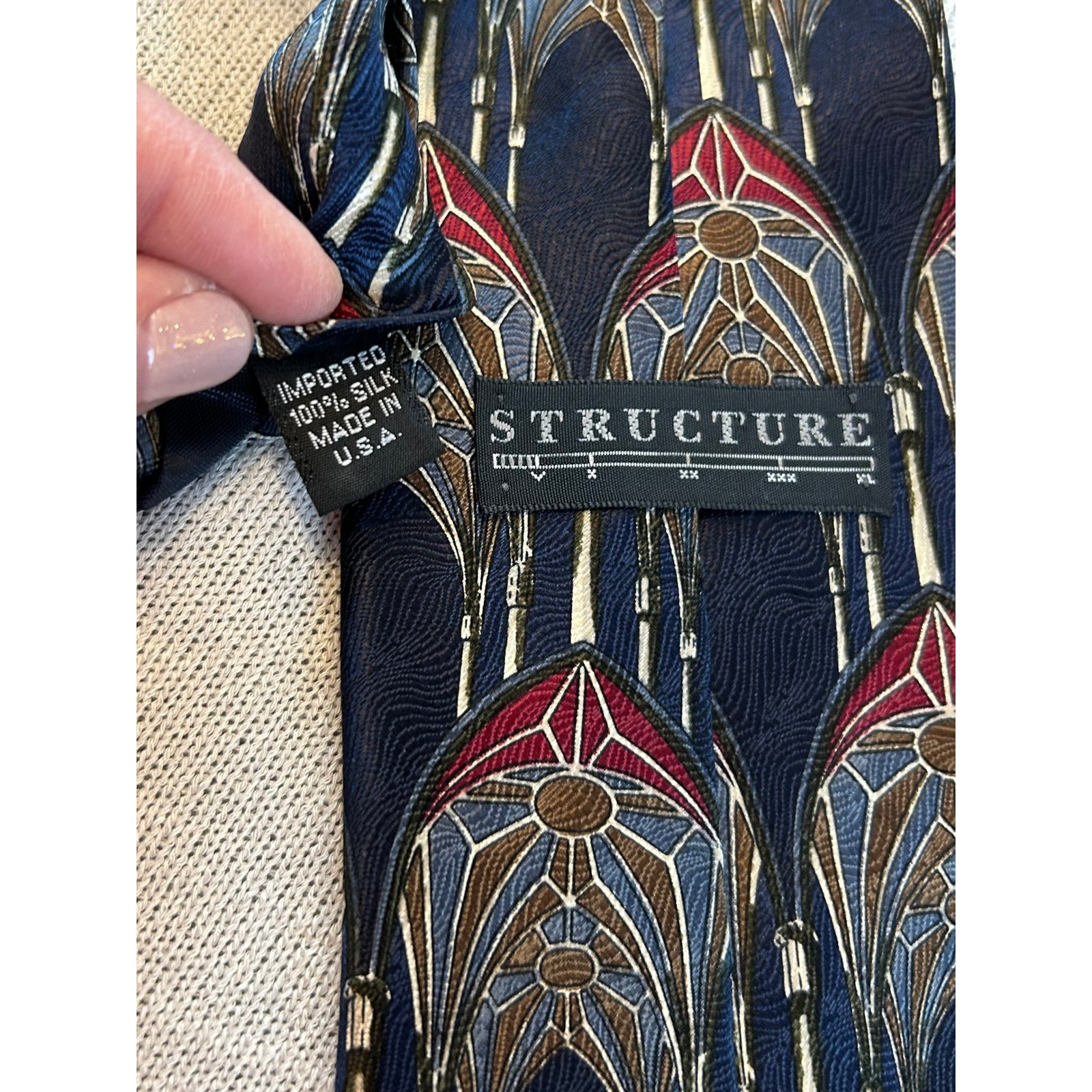 STRUCTURE Silk Art Deco Geometric Pattern Necktie… - image 2