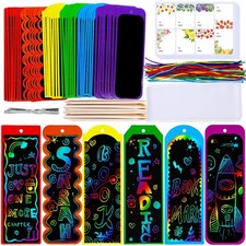 48 Sets Rainbow Scratch Art Bookmark Kit w/ Tools Ribbons Kids Craft Party