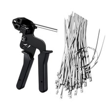 Stainless Steel Cable Tie Gun with 100pcs Metal Zip Ties 7.87in Cutting Tool