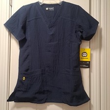 WonderWink Four Stretch Scrub Top Womens Size XS Navy Blue V Neck Short Sleeve