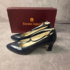 Etienne Aigner Crissi Navy Blue Leather T-Strap Pumps Kitten Heels Spain 6M