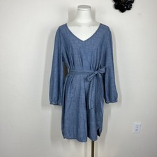 J Crew Dress Womens XL Blue Chambray V Neck Belted Shift Coastal Casual Minimal