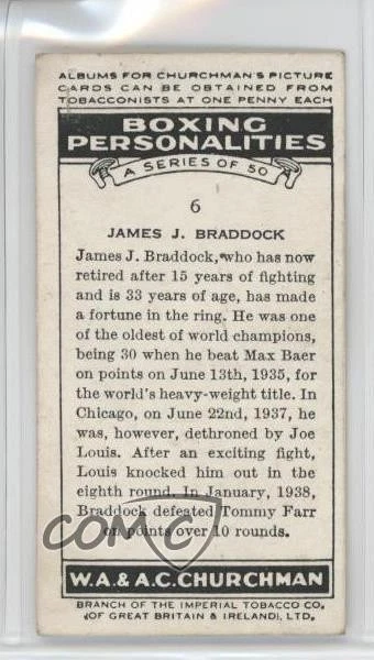 1938 Churchman's Boxing Personalities Tobacco James Braddock James J Braddock #6 - Image 2 of 2