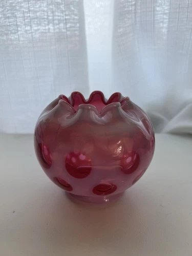 Fenton Cranberry Opalescent Glass Coin Dot Rose Bowl Vase INV2