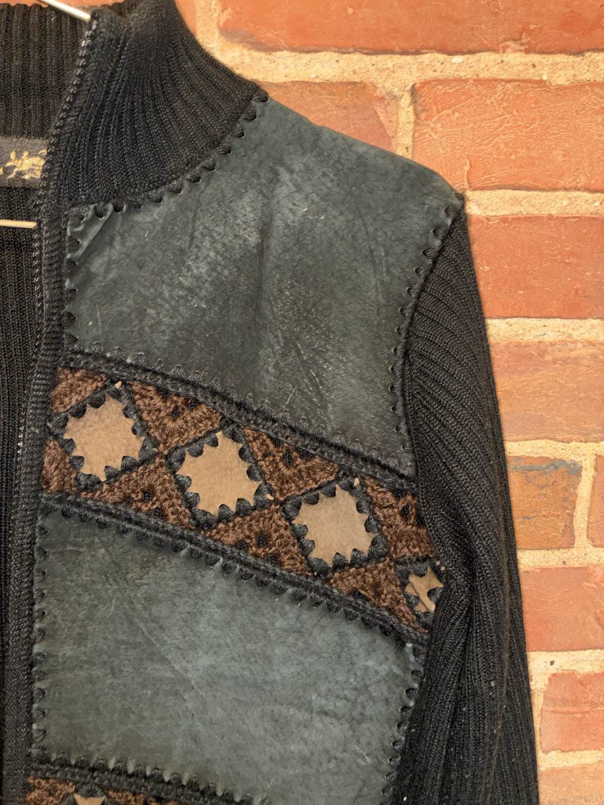 Gizel Patchwork Authentic Leather Knit Jacket Bla… - image 7