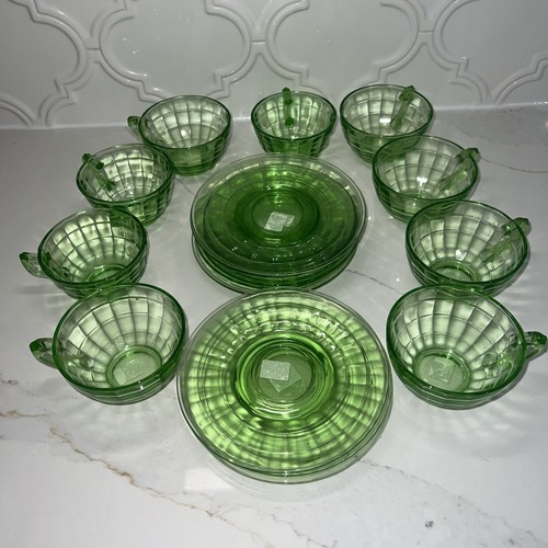 1930's Block Optic Emerald Green Uranium Vaseline Glass Cups & Saucers Lot Of 18